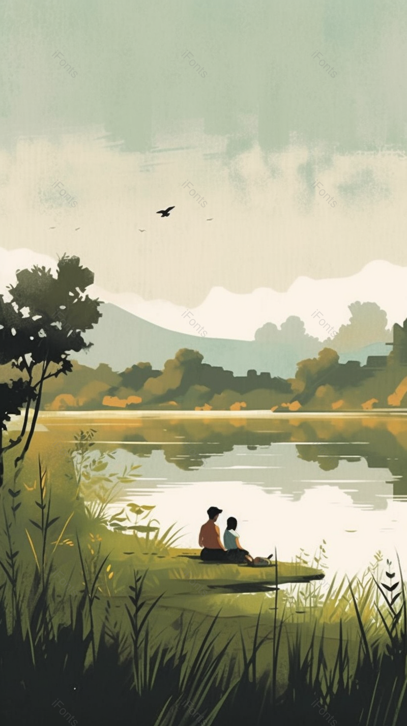 绿色夏季湖边相伴赏景背影插画背景,插画/手绘图,插画/手绘图库,插画/手绘图下载,插画/手绘